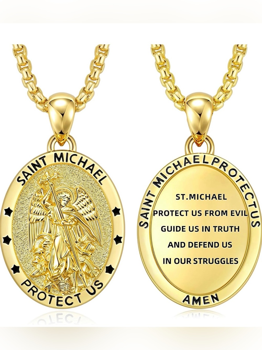 Gold Saint Michael Protect Us Pendant Chain Necklace